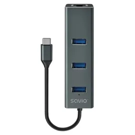 Savio USB-C Hub SAVAK-57 Aluminium 3x USB 3.1 1x RJ45 5Gbps Schwarz/Grau