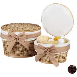 Relaxdays Badkörbchen Korbset 2er Set geflochten aus Buri Holz 31 x 31 x 22 cm braun