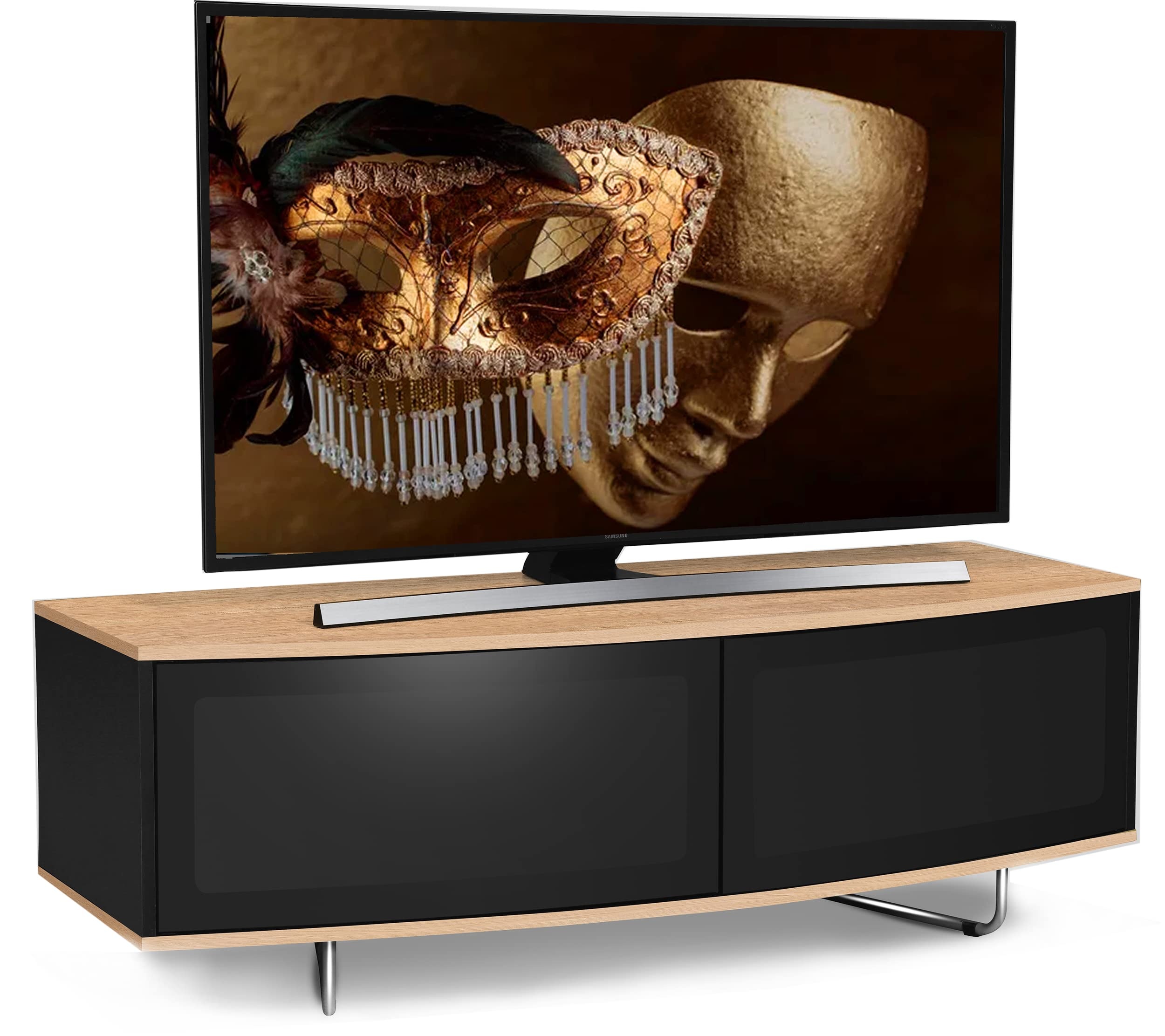 Centurion Supports Caru TV-Schrank, glänzend, Schwarz und Eiche, strahlenfreundlich, super modernes D-Form-Design, 81,3 cm - 165,1 cm, LED/OLED/LCD-TV-Schrank