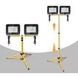 Herrselsam LED Baustrahler, 2x20W mit Höhenverstellbar Stativ, 6000K Kaltweiß 1700LM Baustellenlampe, IP66 Wasserdicht Arbeitsscheinwerfer für Keller, Baustelle (mit 1m Kabel,kein Stecker)