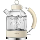 Wasserkocher Glas, ASCOT Elektrischer Wasserkocher Edelstahl, 2200W, 1,5L, Retro Design, BPA frei, leiser Schnellkochkessel, kabelloser Teekessel, Trockengehschutz und automatische Abschaltung