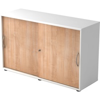 bümö Schiebetürenschrank "2OH" - Aktenschrank abschließbar, Sideboard Schrank mit Schiebetüren in Weiß/Nussbaum - Büroschrank aus Holz mit