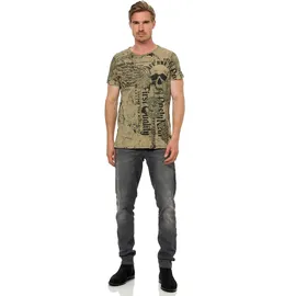 RUSTY NEAL T-Shirt RUSTY NEAL "Rusty Neal", Herren, Gr. S, grün (khaki), 100% Baumwolle, bedruckt, normal, Rundhals, Shirts T-Shirt, mit Allover-Print