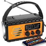 Kurbelradio, Solar Notfallradio mit 20000 mAh Powerbank, AM/FM/SW/WB Wetterradio, 4 Stromquellen, Taschenlampe & USB-C-Ladegerät & SOS-Alarm, IPX6 wasserdicht für Outdoor, Camping, Baustellen, Orange