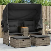 Festnight Gartensofa Ausziehbar mit Dach Rattan Sofa 2 Sitzer Lounge Sofa Outdoor mit Hocker Kleines Balkon Sofa Balkonmöbel Rattansofa Gartenlounge Polyrattan Gartenmöbel Set Balkon Lounge Sonnendach