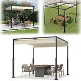 VA-Cerulean Metall Pergola mit Schiebedach, 3x3 m Pavillon Stabil Terrassenüberdachung Sonnenschutz überdachung Freistehend Gartenpavillon mit Robusten Metallsäulen für Gärten Beige
