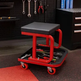 Relaxdays Werkstatthocker bis 100 kg gepolsterter Sitz, 4 Rollen, Montagehocker, schwarz-rot