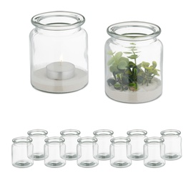 Relaxdays Windlicht, 12er Set, aus Glas, innen & außen, HxD: 9,5 x 8 cm, runde Teelichthalter, Hochzeit, transparent