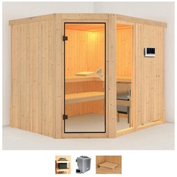 Karibu Sauna Frigga 3, BxTxH: 231 x 196 x 198 cm, 68 mm, (Set) 9-kW-Bio-Ofen mit externer Steuerung beige