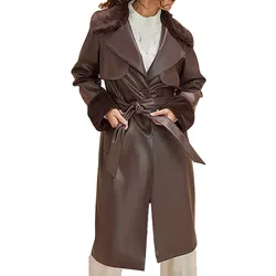 nachhaltiger Damen Lederimitat-Mantel mit Kunstfell Kragen Kunstleder-Jacke Frühlings-Mantel 930388 Braun - 42