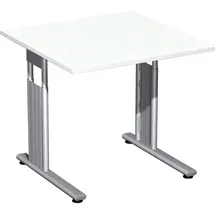 Geramöbel Flex höhenverstellbarer Schreibtisch weiß quadratisch, C-Fuß-Gestell silber 80,0 x 80,0 cm