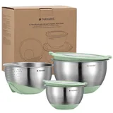 Navaris Edelstahl Schüssel Schale mit Deckel und Sieb - 3-teiliges Set - 2X Rührschüssel 1x Sieb - Salatschüssel Edelstahlschüssel Schüsselset - Behälter in Mintgrün