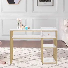 MCombo M MCombo Schreibtisch mit Schubladen, mit Regal, Manikürtisch aus Holz Metallgestell, Schminktisch ohne Spiegel Wohnzimmer Modern, Marmor-Weiß Gold, 2498