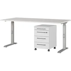 Büromöbel-Set GERMANIA "Agenda", silber (lichtgrau, silber), manuell höhenverstellbar (beim Aufbau) Schreibtisch Breite 160cm, Spanplatte, Metall, Kunststoff, Arbeitsmöbel-Sets, Set bestehend aus höhenverstellbarem Schreibtisch und Rollcontainer
