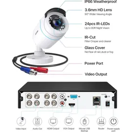 ZOSI 1080p Außen Video Überwachungskamera Set mit Kabel, 8CH DVR Recorder mit 1TB Festplatte und 4 2MP Sicherheitskamera System, Bewegungserkennung