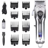 Profi Haarschneidemaschine Kit, Haarschneider Barttrimmer Herren Friseur, Rasierer Elektrisch Bartschneider Langhaarschneider Wiederaufladbar mit LED-Anzeige, Silber