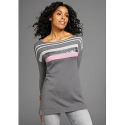 Strickpullover LAURA SCOTT, Damen, Gr. 48, grau, Strick, Obermaterial: 70% Viskose, 30% Polyamid, feminin, figurumspielend hüftbedeckend, Rundhals, Langarm, Pullover, in Streifen-Design mit Glitzersteinen