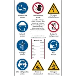 Baustellenschild, Hinweise gem. ISO 7010 + Notruftafel, Alu-Verbund - 400x600x2 mm Aluverbund
