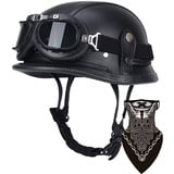 Deutsche Leder Motorrad Halbhelme Retro Halbschalenhelm JetHelm mit Visier Schnellverschluss Schnalle für Cruiser Chopper Biker Moped DOT/ECE-Zulassung