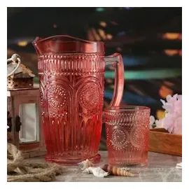 MARELIDA Krug Vintage Boho Blumenmuster Karaffe Tee Saft Kanne Glas 1,4l rot