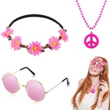 TECKI 3pcs Rosa Hippie Accessoires Set – Halskette mit Peace Zeichen, Stirnband Mit Blumenkrone, Hippie Sonnenbrille, Partykleidung, Hippie Kostüm Damen, Faschingskostüme Damen, 70er Jahre Accessoires