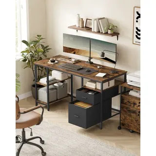 VASAGLE Computertisch, Bürotisch, Schreibtisch, mit 3 Ablagen, 2 Schubladen, - Braun