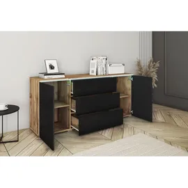 P & B Sideboard Vera mit LED ca. 150 cm Schwarz/Eiche Wotan,