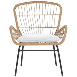 Beliani Balkonset Hellbraun Rattan Stahl Sicherheitsglas 2 Stühle Beistellstisch mit Auflagen Balkon Terrasse Garten - Beige/Schwarz