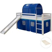 Homestyle4u Hochbett 90x200 mit Vorhang Lattenrost Rutsche und Tunnel in Weiß Blau, Holz Kiefer Turm Rutsc
