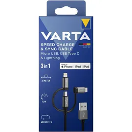 Varta USB-Kabel USB-A Stecker, USB-Micro-B Stecker, USB-C® Stecker, Apple Lightning Stecker 2.00 m 57937101111