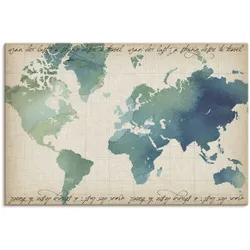 Leinwandbild ARTLAND "Wasserfarben Weltkarte", beige (farbe bild(er): naturfarben), B:90cm H:60cm, Canvas, Leinwand, Bilder, auf Keilrahmen gespannt