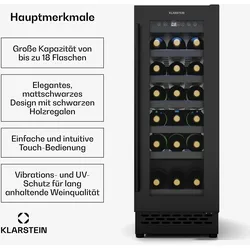 Klarstein Vinovilla 18 Uno Weinkühlschrank  1 Kühlzone  18 Flaschen  Holzregale  5-18 °C Matt-Schwarz