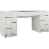 Mirjan24 Schreibtisch und Schminktisch Tireno Bis, Schlafzimmer Kosmetiktisch mit neun Schubladen, Goldfarben Aluminiumgriffe (Farbe: Weiß Velvet) - Weiß