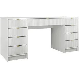Mirjan24 Schreibtisch und Schminktisch Tireno Bis, Schlafzimmer Kosmetiktisch mit neun Schubladen, Goldfarben Aluminiumgriffe (Farbe: Weiß Velvet) - Weiß