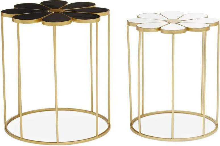 Premier Housewares 2er-Set schwarz-weiße Pfetten-Tische, blumenförmige Beistelltische mit goldfarbenem Rahmen, stylische Dekotische