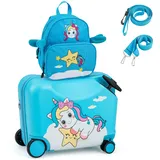GOPLUS Kinderkoffer mit Rucksack, Kids Trolley, Kindergepäck mit Rollen, Reisekoffer mit Teleskopgriff, Hartschalenkoffer für Kinder, Kindertrolley Farbwahl (Blau Einhorn, 12"+18")
