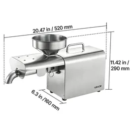 Vevor Elektrische Ölpresse 3,75 kg/h, Ölmühle 750 W, Automatische Ölpressmaschine mit Heißpressung (50 °C-300 °C) & Reinigungsbürste, Ölmaschine für Erdnüsse, Sesam, Sojabohnen und Mandeln, Edelstahl