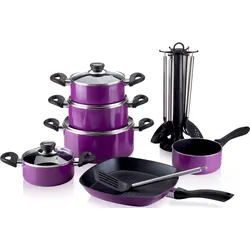 Topf-Set KRÜGER "Aluguss Topf- und Pfannenset inkl. praktischen Küchenhelfern, 17 tlg.", lila, Töpfe, inkl. 7-tlg. Küchenhelfer-Set