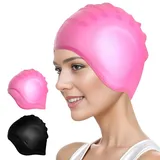 DIELOVEHUA Badekappe Gehörschutz 3D, wasserdichte Badekappe, Elastische Badekappen, Weiche Strapazierfähige Schwimmkappe, Swimming Cap für Herren Damen (Schwarz/Rosa)