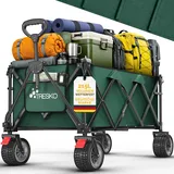 TRESKO® Bollerwagen faltbar 215L mit Bremse | Handwagen klappbar 150kg inkl. Vollgummireifen | Faltbarer Strandwagen Extra Breite All-Terrain-Räder | Transportwagen mit Tragetasche (Grün)