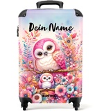 NoBoringSuitcases.com Kinderkoffer, Kinderkoffer Mädchen, Koffer Kinder, Kinder Reisekoffer, Kindertrolley Mädchen, Trolley Handgepäck, Reisekoffer Personalisiert, 55x40x20 cm (Eulen, Blumen - Rosa)