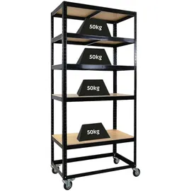 Proregal Schwerlastregal Metall 190x90x50 cm schwarz fahrbar