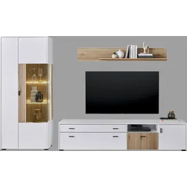 Home Affaire Wohnwand HOME AFFAIRE "HUDSON", weiß (weiß matt tz, applikation evoke eiche mdf tz), B:285cm H:180cm T:42cm, Kastenmöbel-Sets, Wohnwand, mit moderner Rillenoptik, Griffe aus Metall (Schwarz), Breite 285 cm