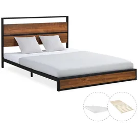 Homestyle4u Metallbett braun Holz Metall, 140x200 cm Schlafzimmer, Betten, Metallbetten