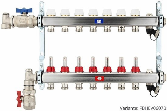 Fußbodenheizungsverteiler aus Edelstahl mit Topmeter für 7 Heizkreise - mit Anschlussset senkrecht