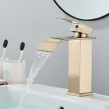 Goldene Wasserfall-Waschtischarmatur, Wasserfall-Badezimmerarmatur mit 19 cm hohem Auslauf, verstellbare Warm- und Kaltwasser-Waschtischarmatur,