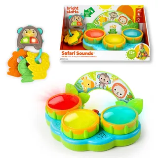 Bright Starts Bright Starts, Safari Sounds Geschenkset, 2er-Pack Babyspielzeug für unterwegs, Musiktrommel & Autoschlüssel mit Geräuschen, Unisex Dschungel-Design, ab 3–6 Monate