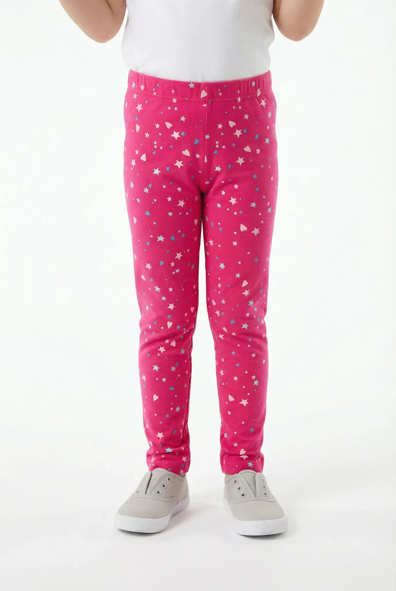 Sweatleggings HAPPY GIRLS, Mädchen, Gr. 122, N-Gr, pink, angeraute Sweatware, Obermaterial: 60% Polyester, 35% Baumwolle, 5% Elasthan, bedruckt, skinny fit knöchellang, Hosen, im tollen Sternen-Herzen-Alloverprint
