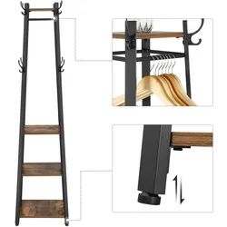 Garderobenständer mit Kleiderstangen, 3 Ablagen, Haken, matt schwarze Stahlgestell , Holzoptik, Industrie-Design, Vintagebraun-schwarz