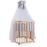 Waldin Babybett aus Holz 7in1 mit Matratze, mitwachsend,Stoffe grau,Holz natur